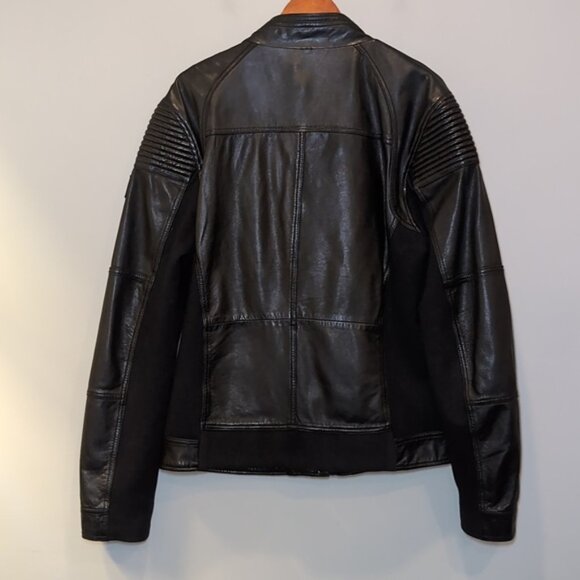 Guess Genuine Lamb Leather Moto Jacket Knit Padded Black Biker Motorcycle Coat - Picture 8 of 15